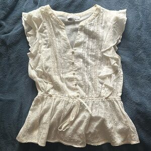 Abbeline cream colored, ruffled, short sleeve v neck top